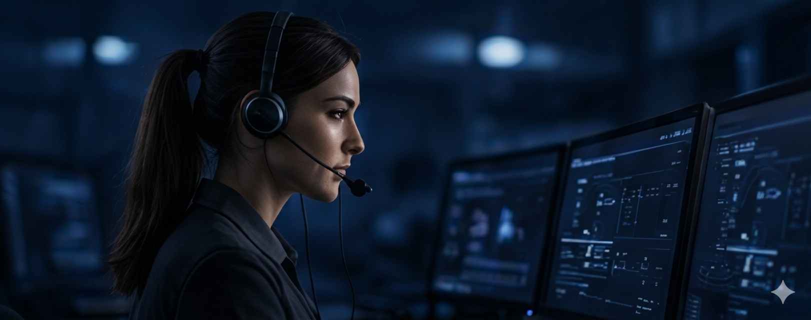 Customer support agent with headset at multiple monitors